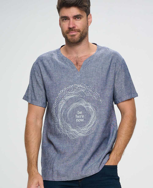 Men’s Be Here Now Blue Linen Inspirational Kurta Shirt